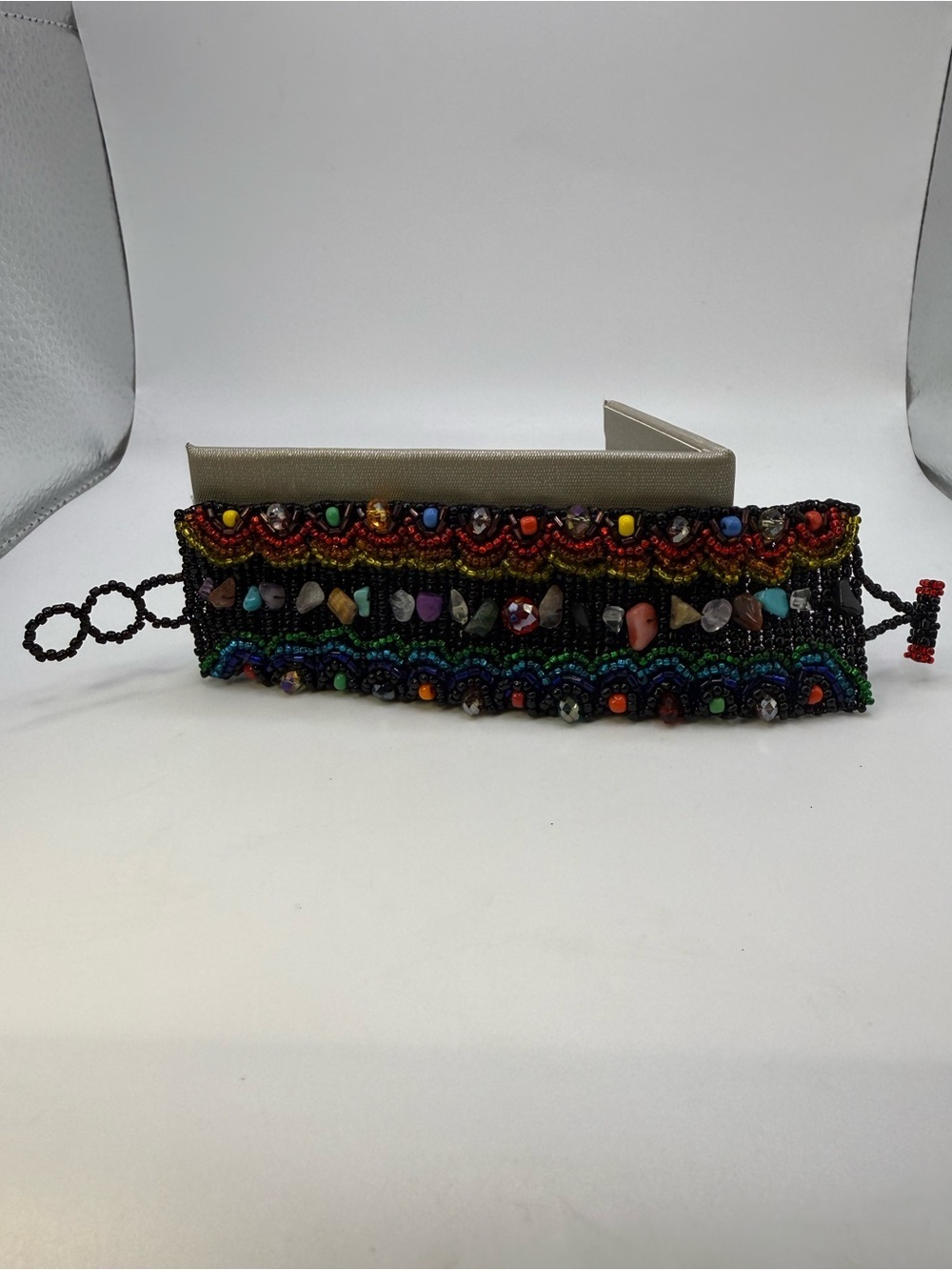 Handmade Artisan Seed Bead Gemstone Cuff Bracelet 7.5” Statement